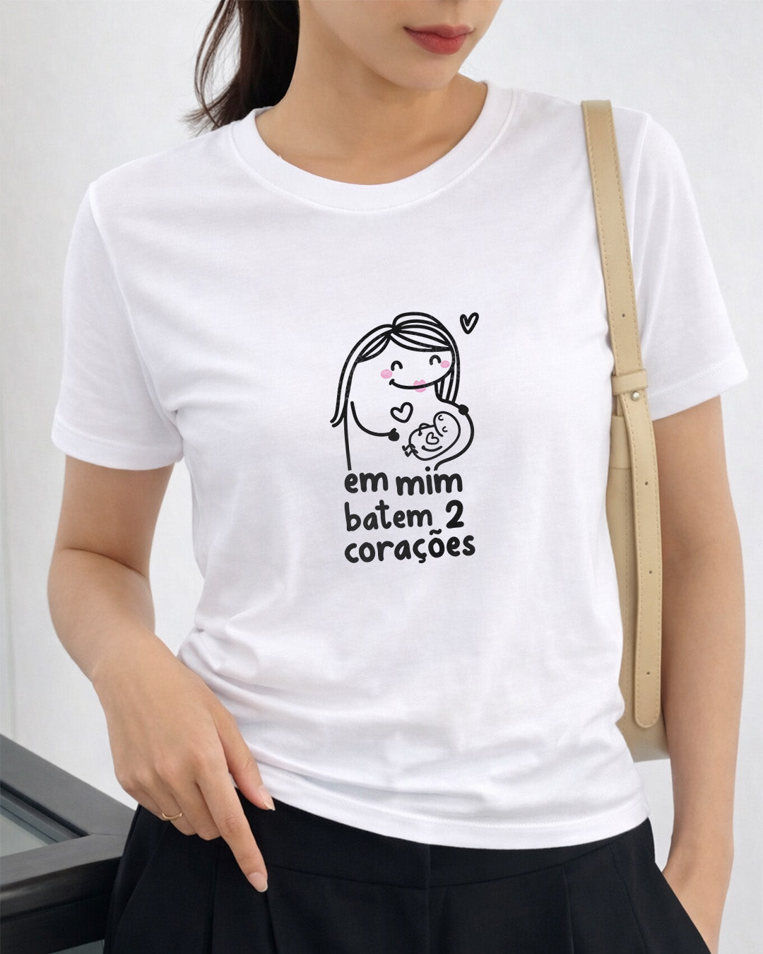 Camiseta Feminina Dia Das Mães "Em Mim Batem 2 Corações" 100% Algodão