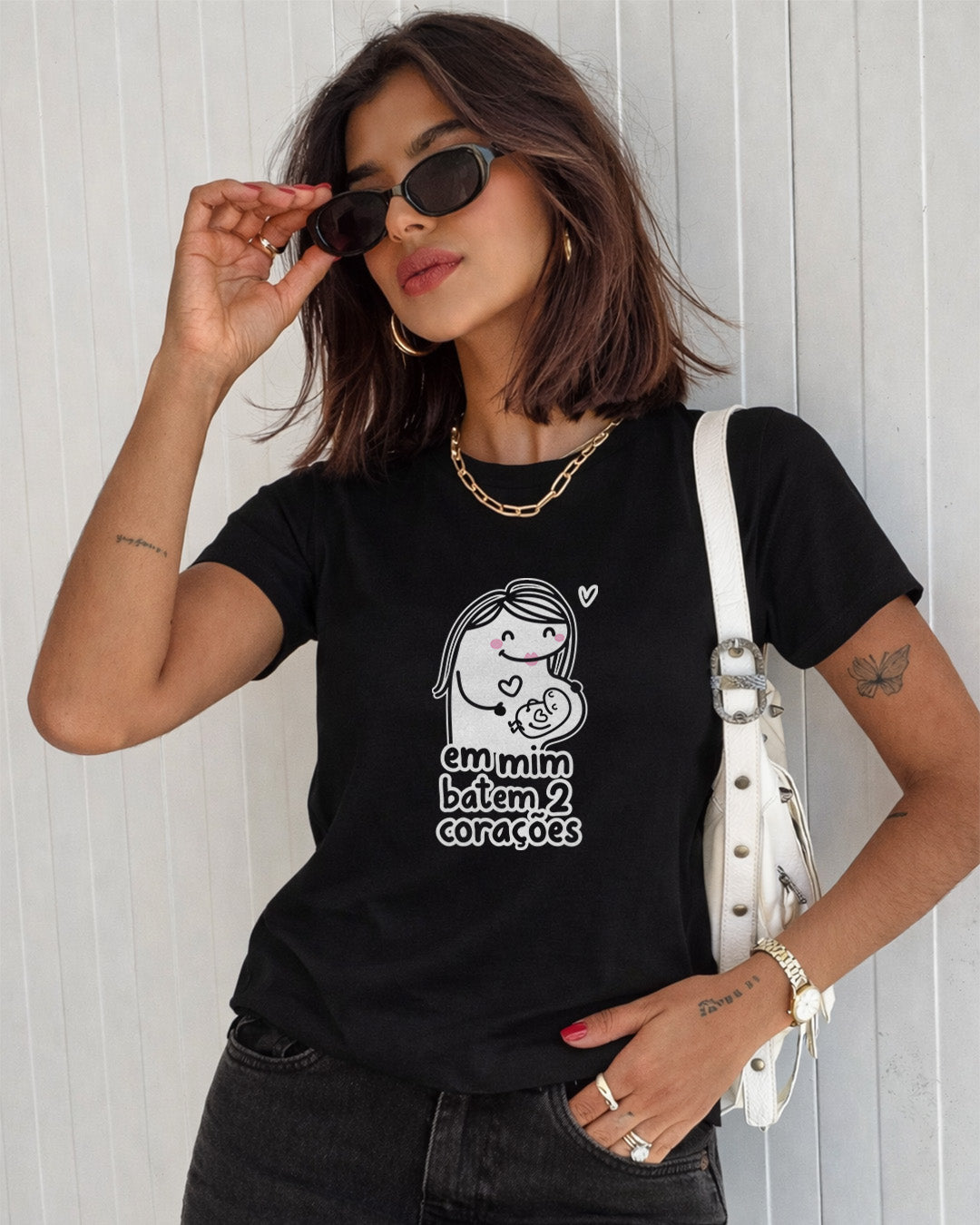 Camiseta Feminina Dia Das Mães "Em Mim Batem 2 Corações" 100% Algodão