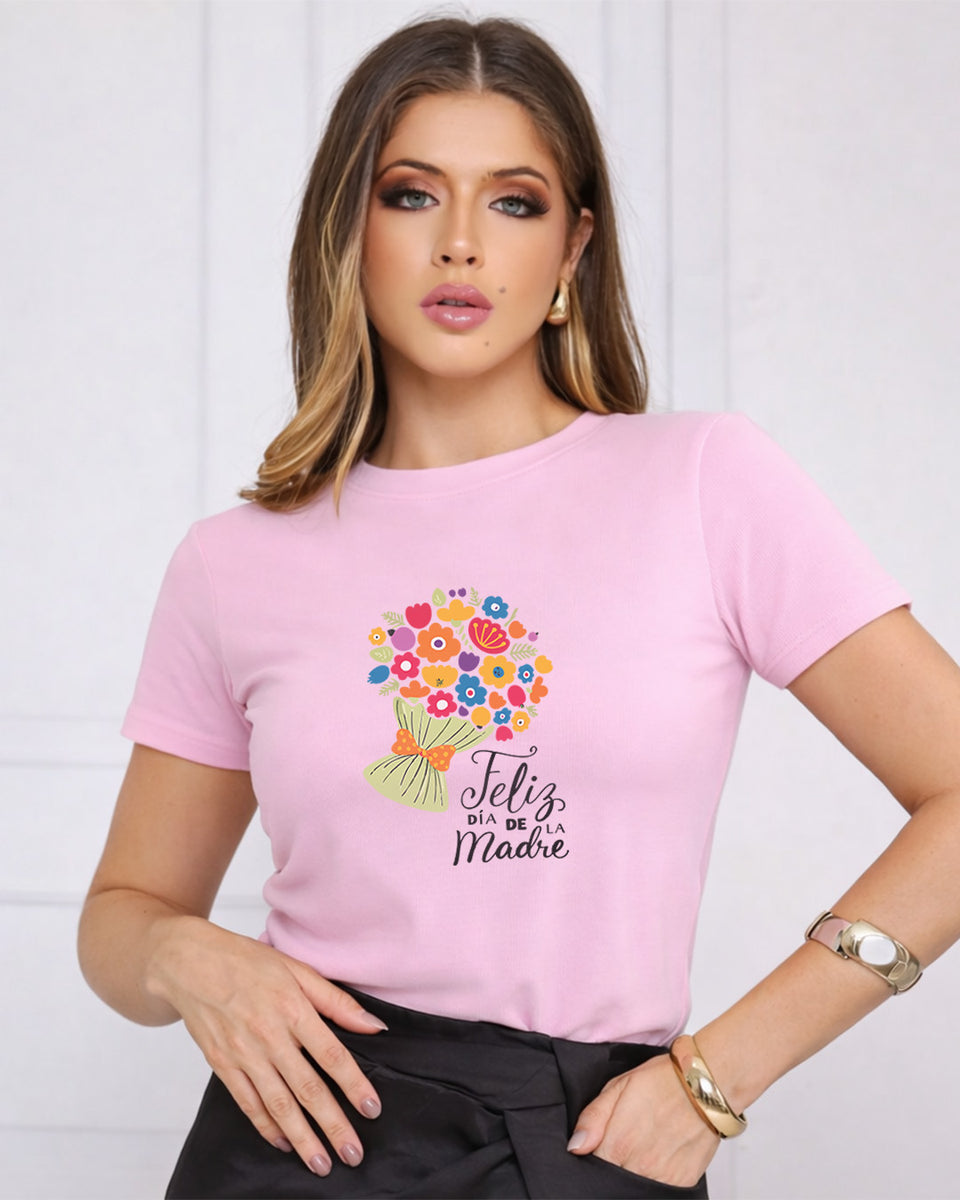 Camiseta Feminina 100% Algodão "Feliz Dia De La Madre" Dia Das Mães