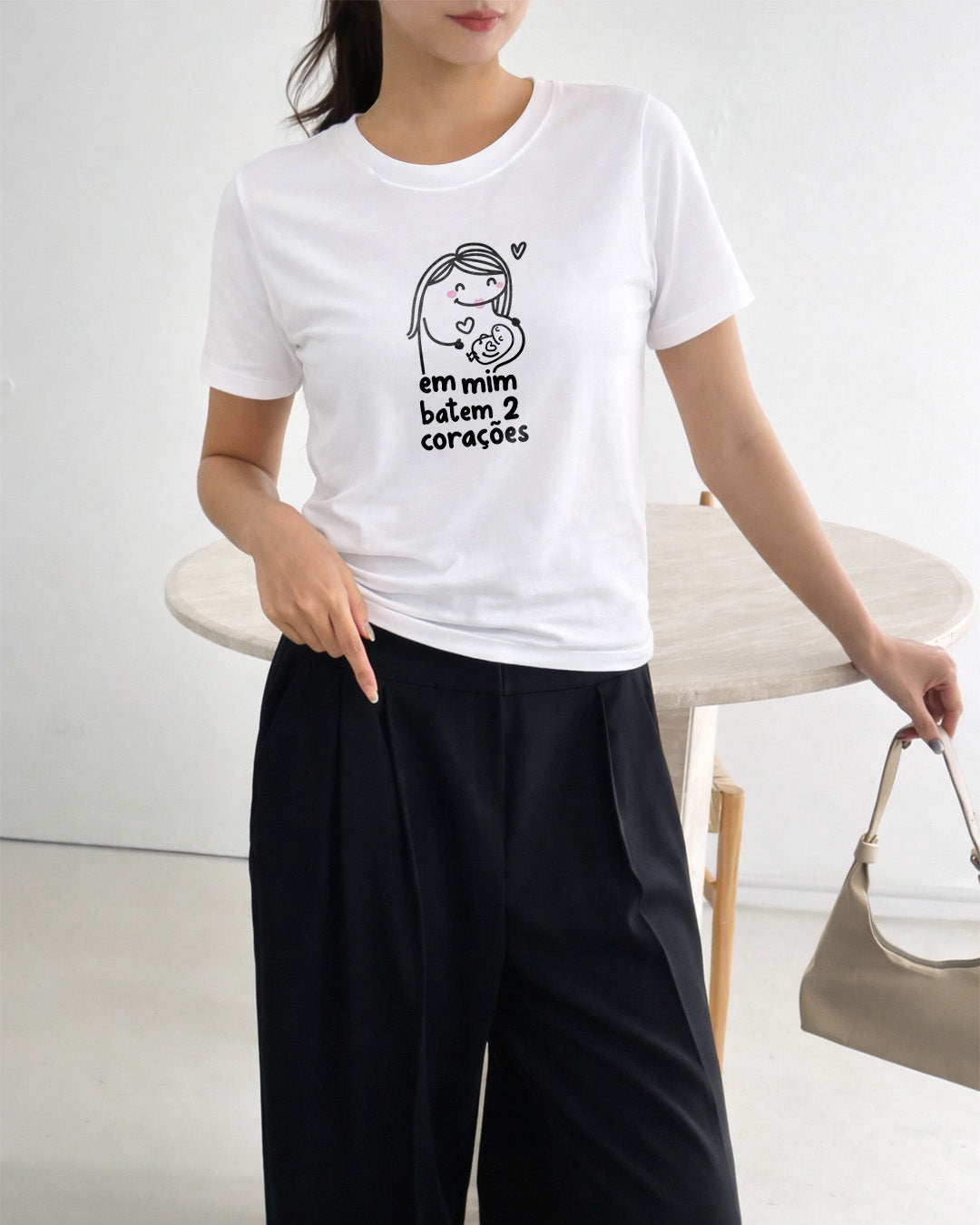 Camiseta Feminina Dia Das Mães "Em Mim Batem 2 Corações" 100% Algodão