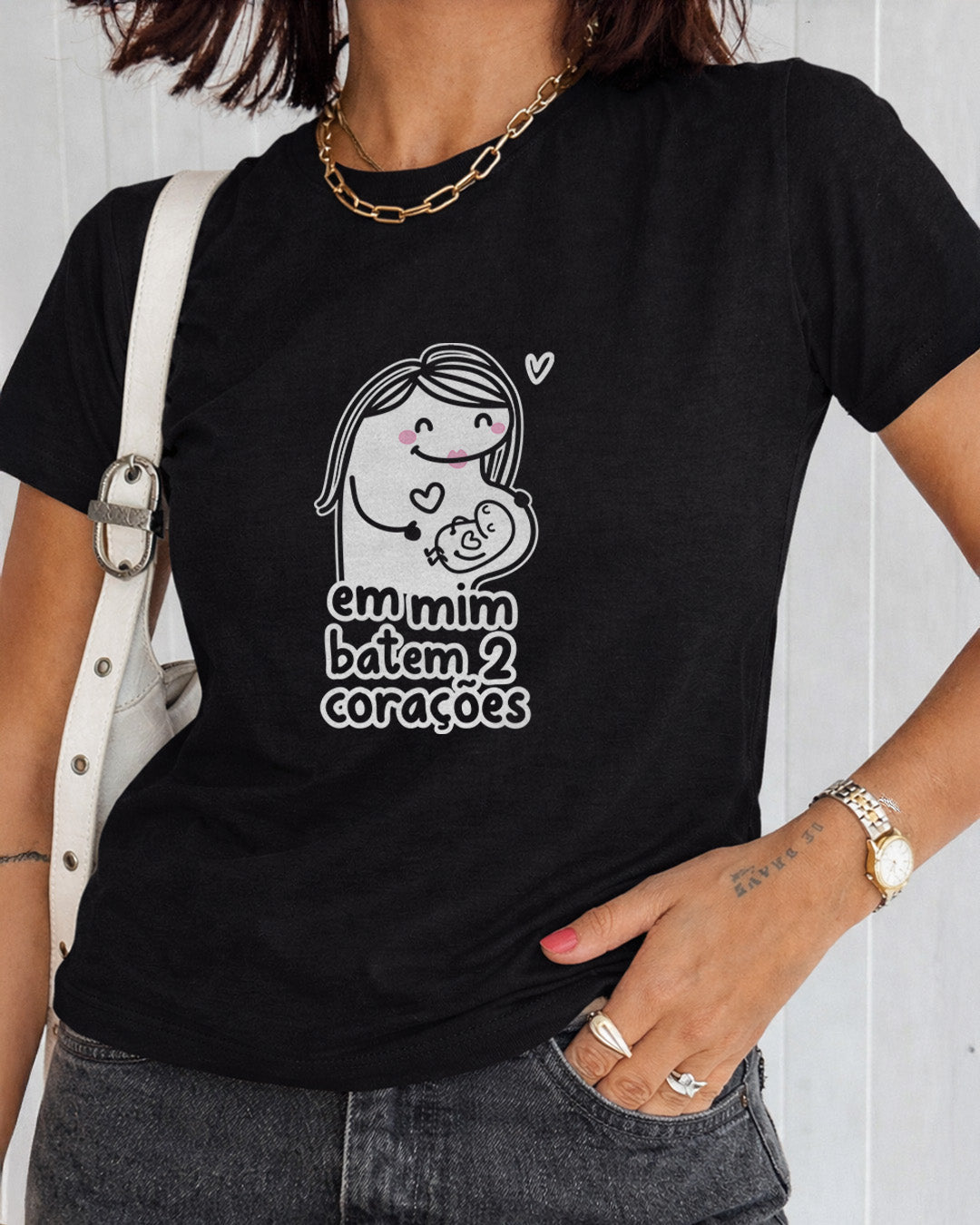 Camiseta Feminina Dia Das Mães "Em Mim Batem 2 Corações" 100% Algodão