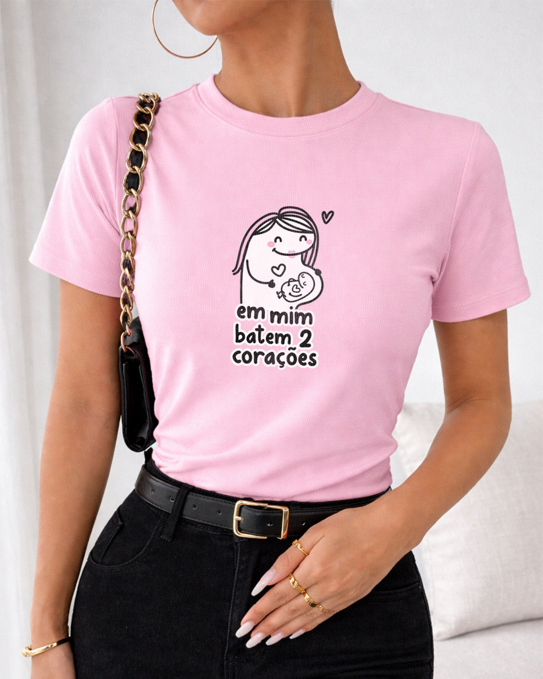 Camiseta Feminina Dia Das Mães "Em Mim Batem 2 Corações" 100% Algodão