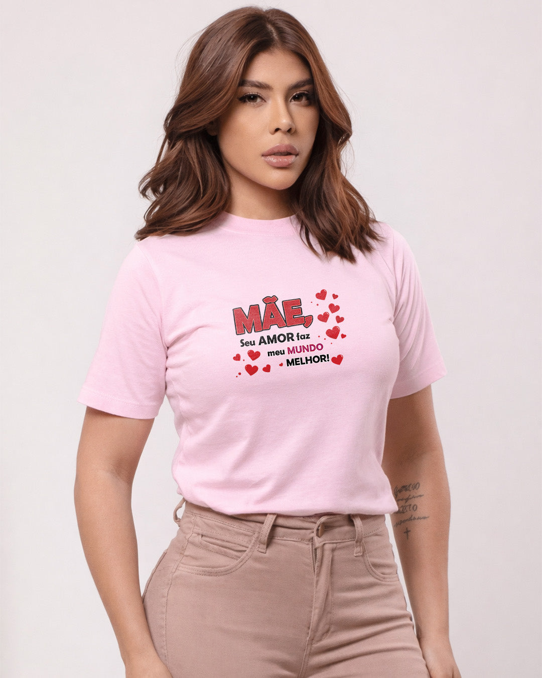Camiseta 100% Algodão Feminina "Mãe Seu Amor Faz Meu Mundo Melhor" Dia Das Mães