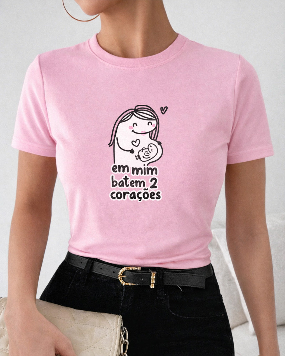 Camiseta Feminina Dia Das Mães "Em Mim Batem 2 Corações" 100% Algodão