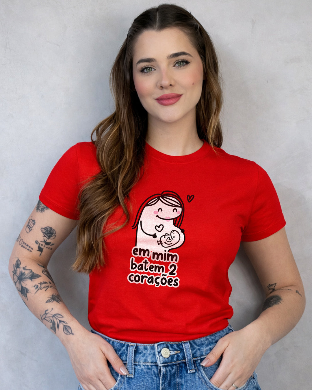 Camiseta Feminina Dia Das Mães "Em Mim Batem 2 Corações" 100% Algodão