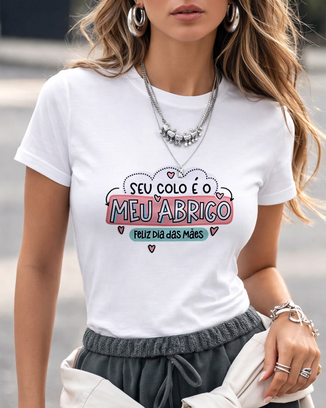Camiseta Feminina 100% Algodão "Seu Colo É Meu Abrigo" Dia Das Mães