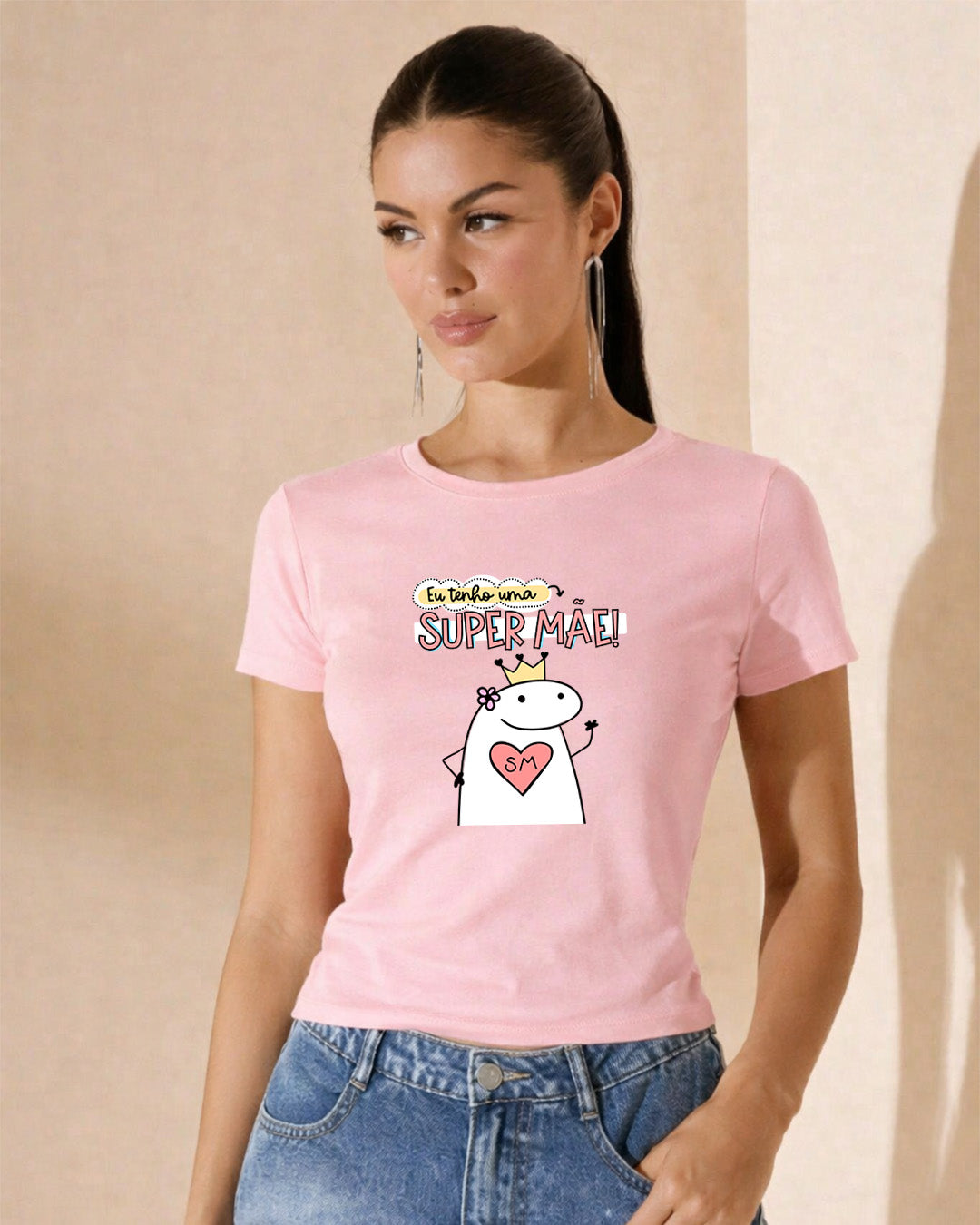 Camiseta Feminina 100% Algodão "Eu Tenho Uma Super Mãe Divertida" Dia Das Mães